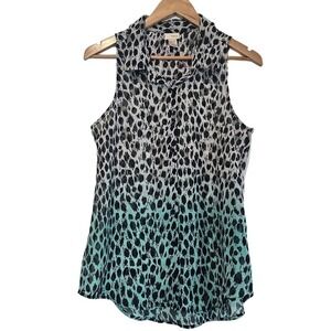 Daytrip Blouse Womens Small Animal Print Blue Black Ombre Sleeveless Button Top